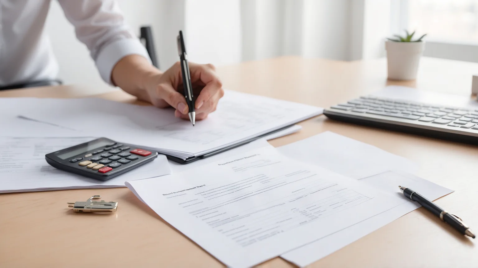 Finanzierungsunterlagen mit Taschenrechner und Hausmodell